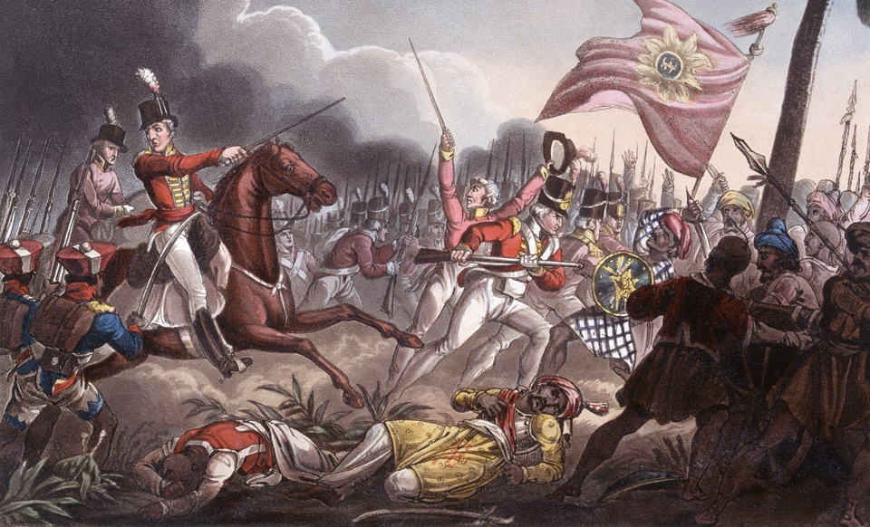 Major General Wellesley (mounted, the future Duke of Wellington) commanding his troops at the Battle of Assaye (J.C. Stadler after W.Heath) Public domain, National Army Museum