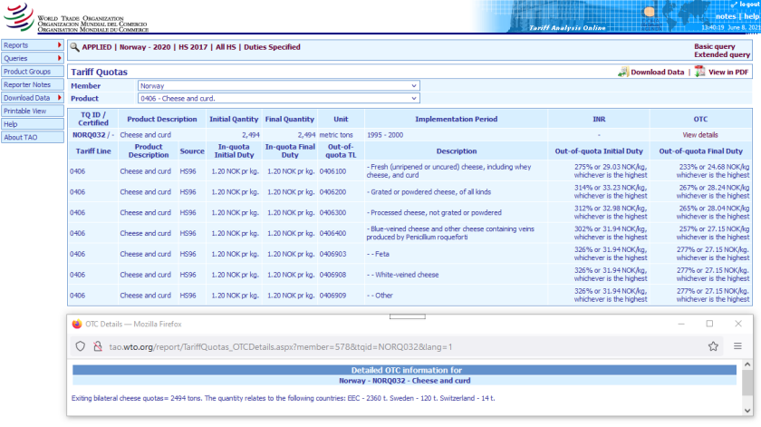 Confirmation: Norway’s WTO tariff quota in the Tariff Analysis Online database