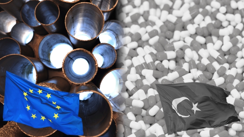 Left: steel pipes and EU flag, in colour. Right: pills and Turkey flag, in grey