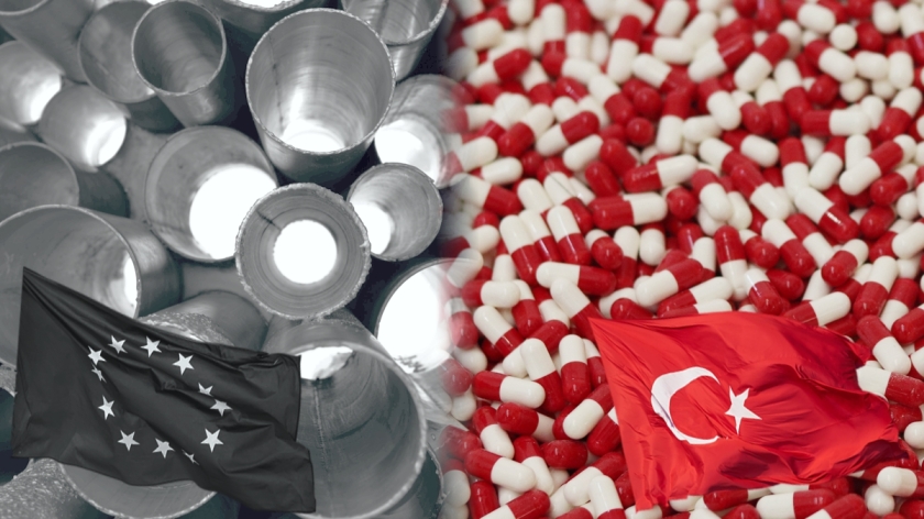 Left: steel pipes and EU flag, in grey. Right: pills and Turkey flag, in colour