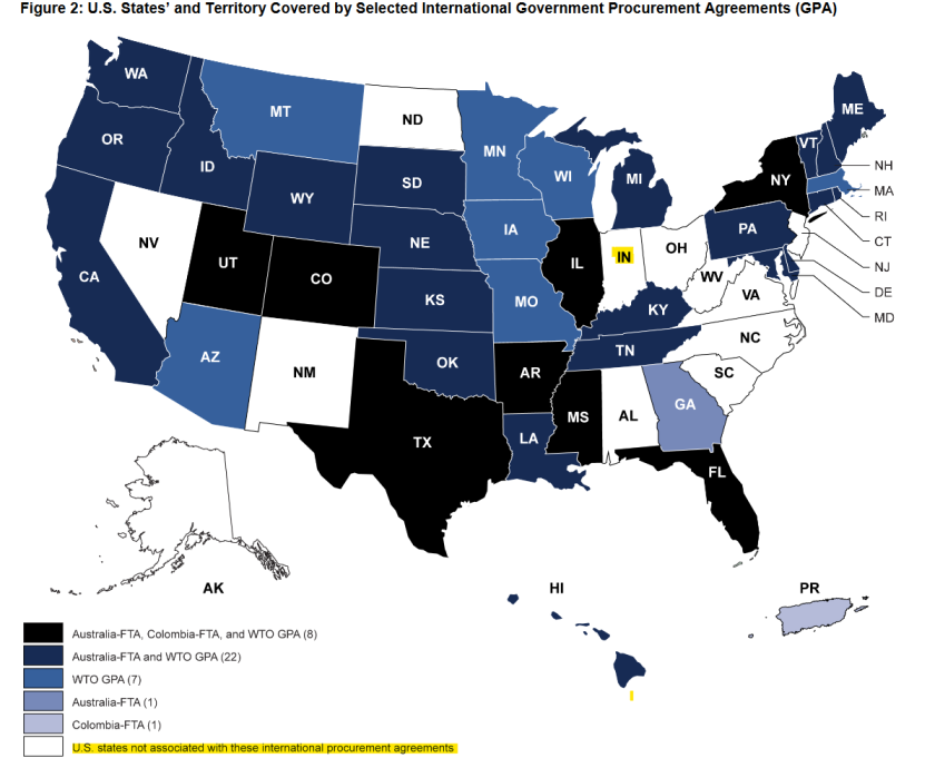 Map of US states' participation in government procurement agreements