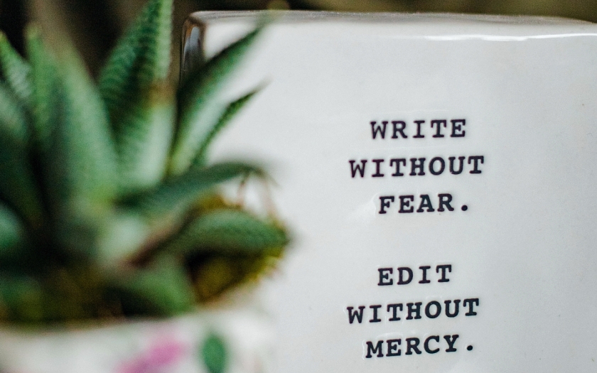 Still life photo, includes an object with “Write without fear. Edit without mercy” written on it