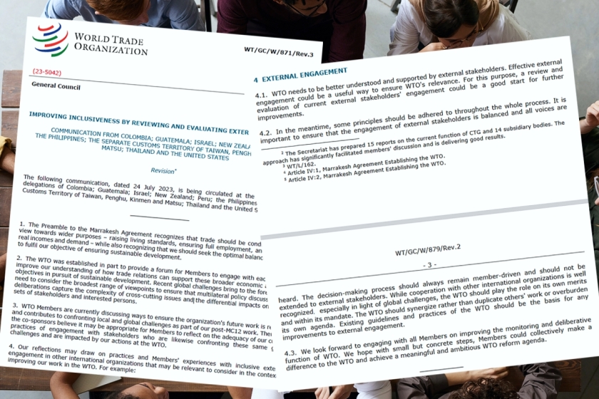 Composite image with screenshots of two documents on engaging with stakeholders, and a photo of a meeting in the background