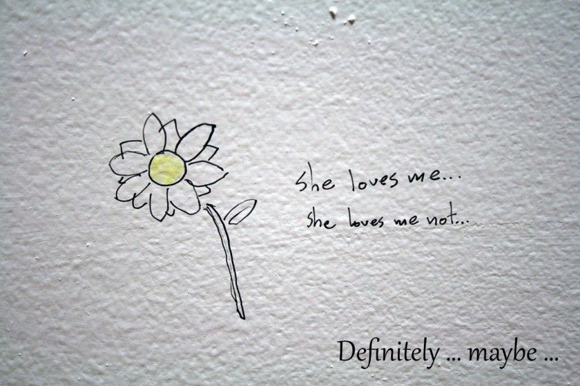 "Definitely … maybe …" added to the picture of the black pen sketch of a flower with yellow centre on a rough white surface with the words "she loves me … She loves me not …"
