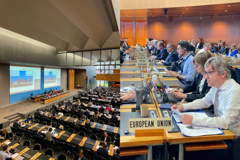 Two photos of the WTO General Council meeting on March 21, 2024. The left photo is a shot from the balcony of the meeting room, podium and screens. The right photo is the tables with the delegations of the EU commission and EU members. In the foreground ambassador João Aguiar Machado is speaking