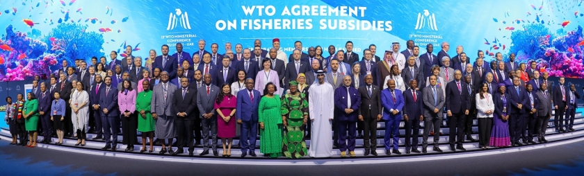 WTO Ministerial Conference in Abu Dhabi, panoramic photo of about 70 ministers on a stage with the director-general and conference chair. A backdrop says WTO Agreement on Fisheries Subsidies with the Ministerial Conference logo